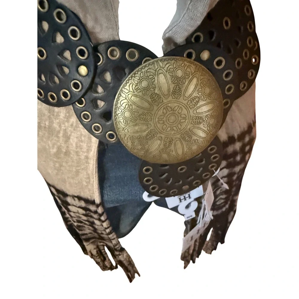 Haute Hippie‎ Style Black Leather Medallion Belt Ornate Gold Buckle Boho New